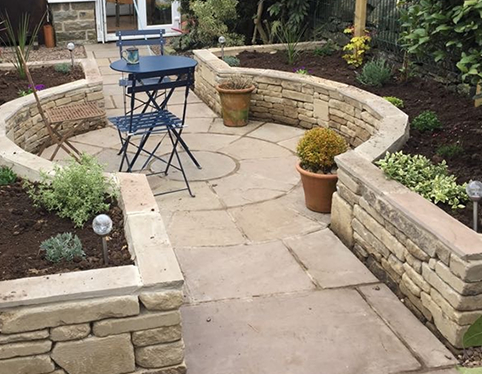 Drystone walling and patio circle Barnsley